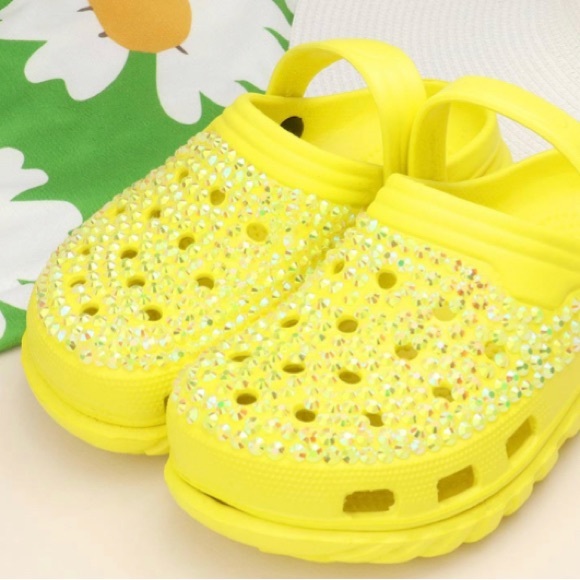 Yellow Bling Rhinestone Crystal Slip On Croclike Slides Rubber Clogs Shoes - Picture 2 of 4